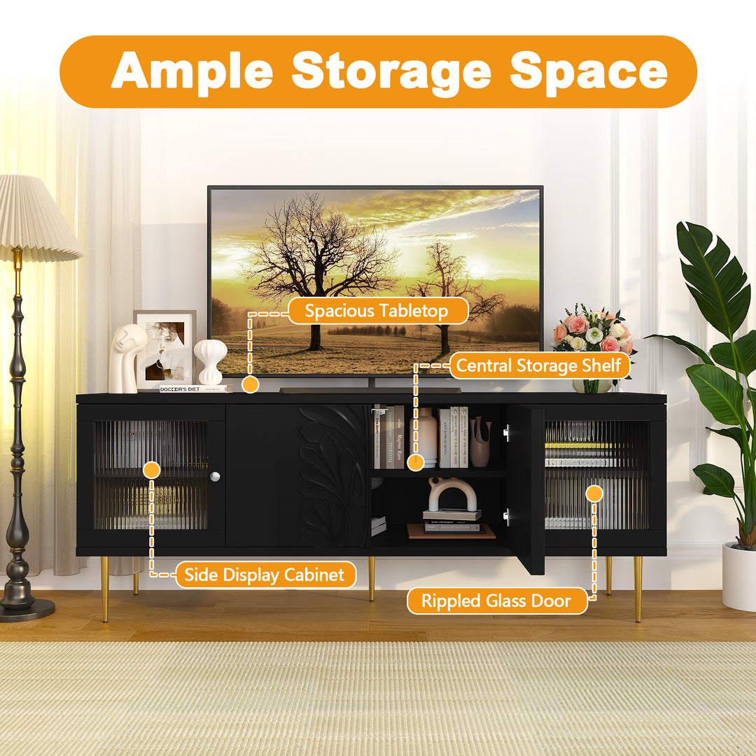 HLR® 75" Mid Century Modern TV Stand – 3D Flower Pattern Wood Entertainment Center with Fluted Glass Doors & Storage – Media Console for Living Room