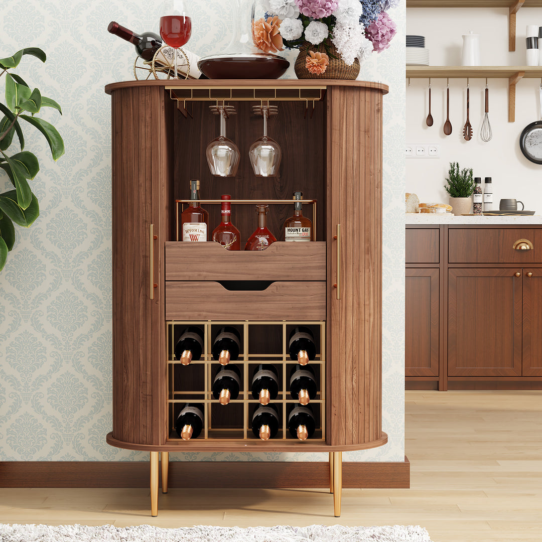 HLR® Modern Tambour Door Coffee Bar Cabinet with Wine Rack, Glass Holder & Spacious Storage for Living Room & Dining Area