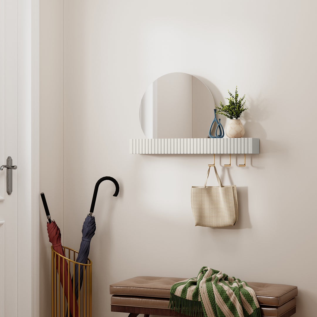 HLR® Round Wall Mirror with Shelf & Hooks – Functional Decor for Bathroom, Entryway, Bedroom & Living Room