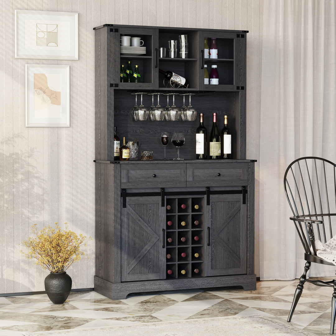 HLR® Wine Bar Buffet Cabinet – Sliding Barn Door, Drawers & Wine/Glass Rack – Stylish Storage for Dining Room