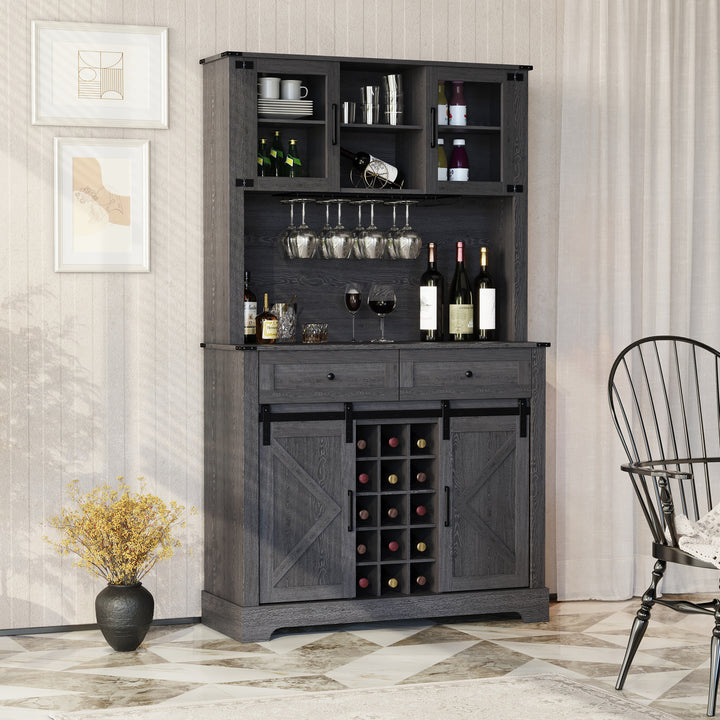 HLR® Wine Bar Buffet Cabinet – Sliding Barn Door, Drawers & Wine/Glass Rack – Stylish Storage for Dining Room