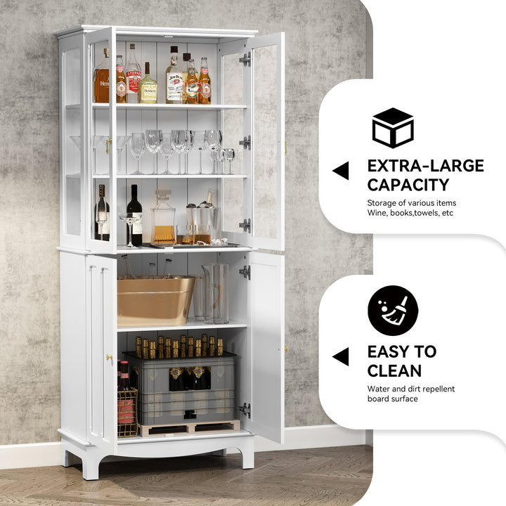 HLR® 72" Classical Freestanding Pantry Sideboard with Glass Doors – Adjustable Shelves Tall Storage Cabinet for Kitchen, Dining & Living Room