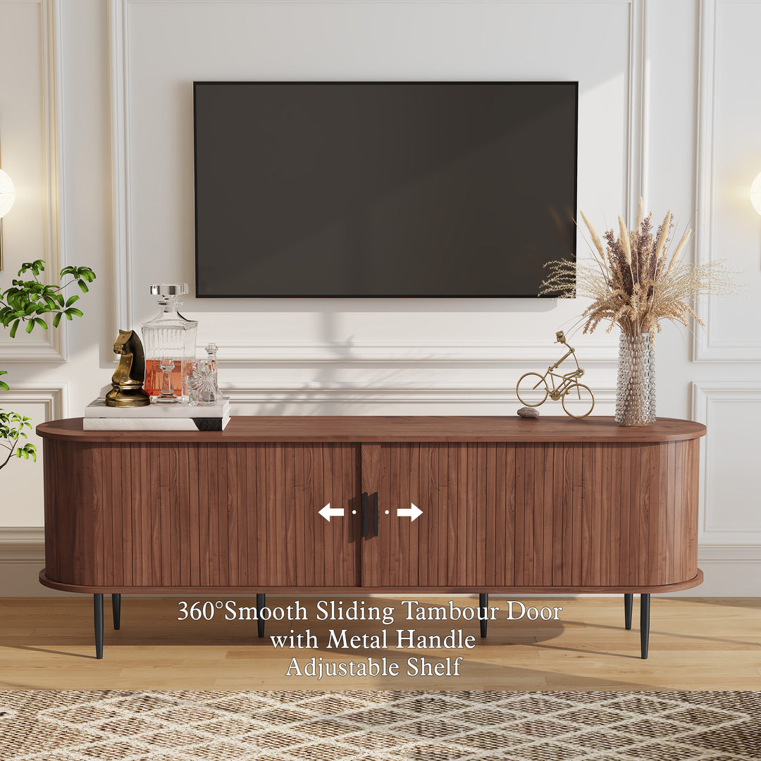 HLR® 70" Mid Century TV Stand With Tambour Door For TVs Up To 80", Brown/Black