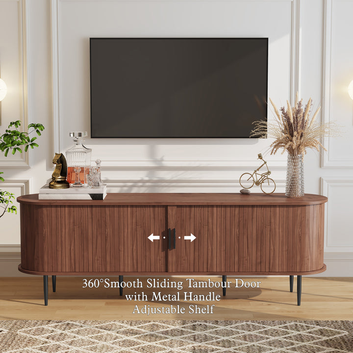 HLR® 70" Mid Century TV Stand With Tambour Door For TVs Up To 80", Brown/Black
