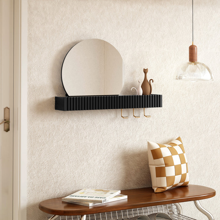 HLR® Round Wall Mirror with Shelf & Hooks – Functional Decor for Bathroom, Entryway, Bedroom & Living Room