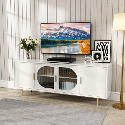 HLR® Modern TV Stand for TVs Up to 70" with Glass-Door Console & Gold Legs – Wooden Entertainment Center for Living & Bedroom