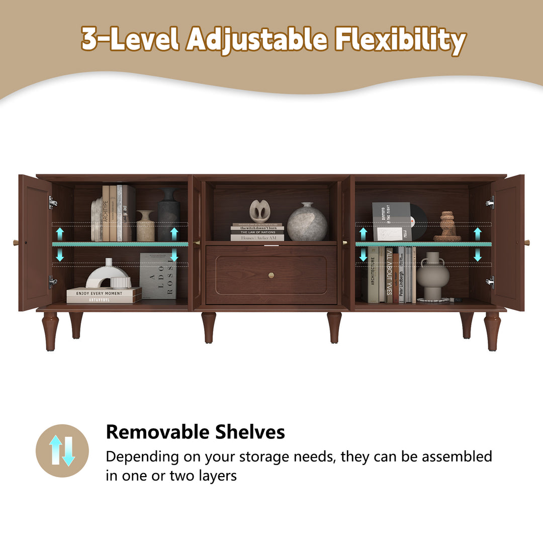 HLR® 67"Mid-Century Modern TV Stand for 75" TVs – Retro Walnut Media Console with 3 Doors, 2 Drawers & Adjustable Shelves