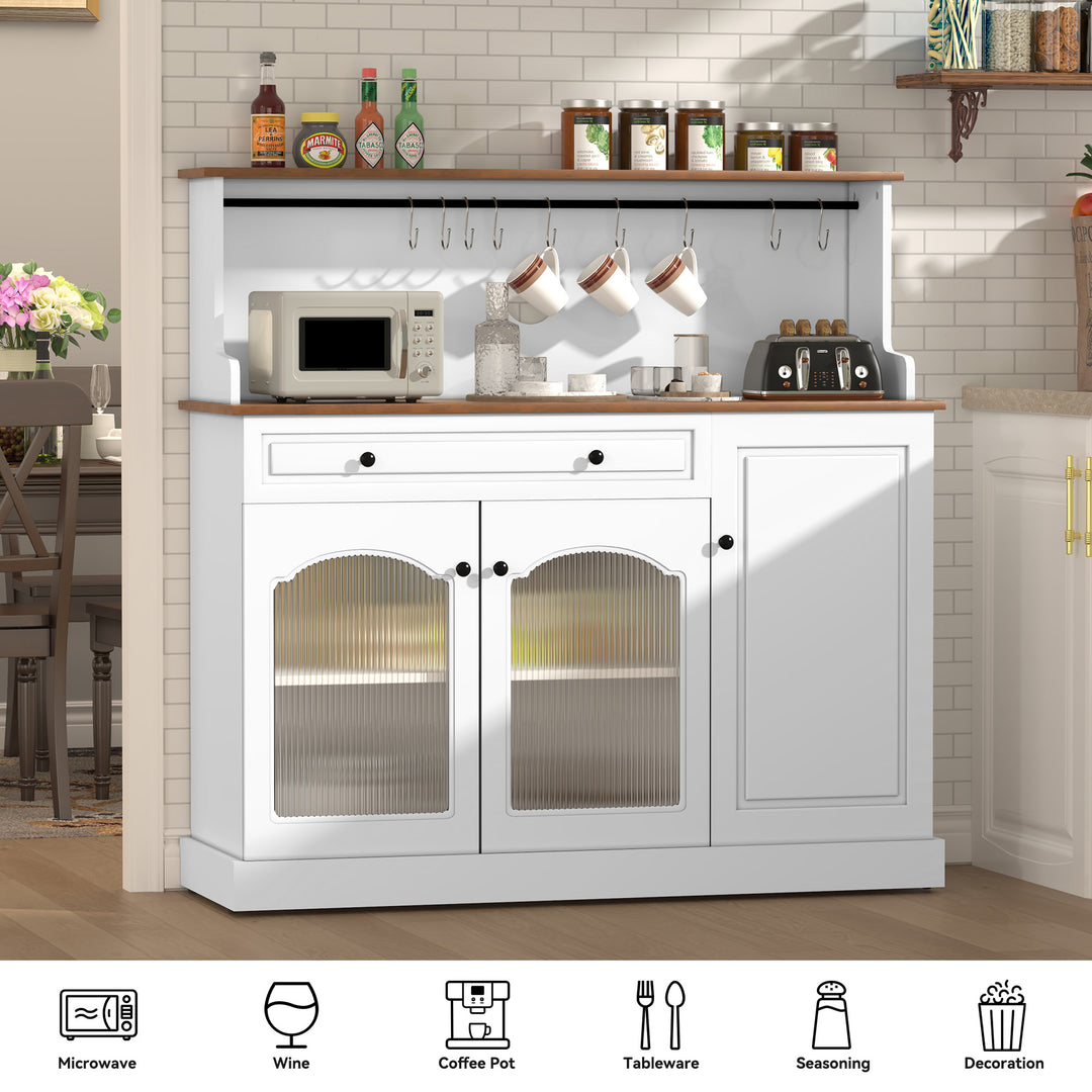 HLR® 48" Farmhouse-Style Kitchen Pantry with Glass Doors & Drawer – Wood Coffee Bar Cabinet with Microwave Hutch for Living & Dining Rooms