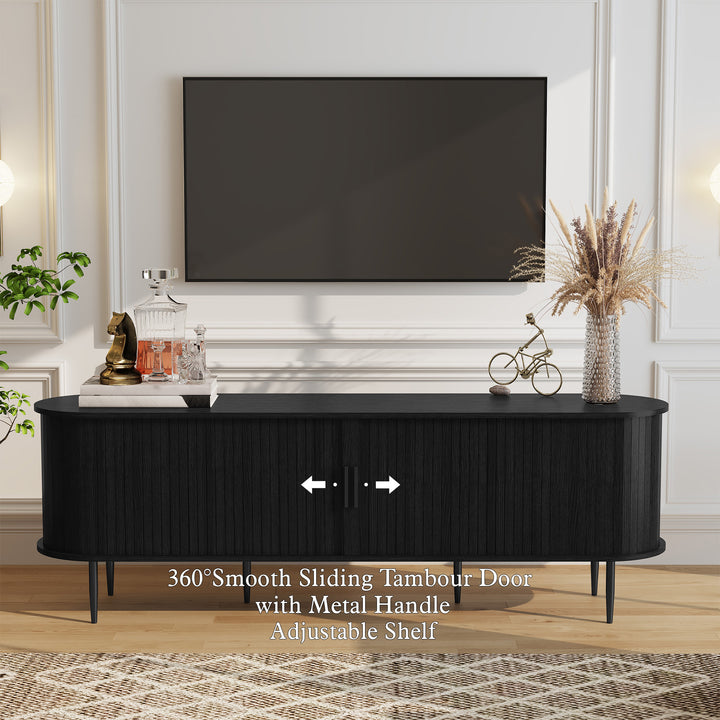 HLR® 70" Mid Century TV Stand With Tambour Door For TVs Up To 80", Brown/Black