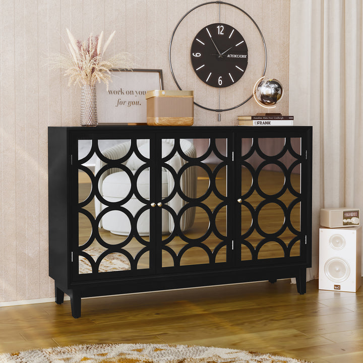 HLR® Modern Sideboard Buffet with 4 Mirror Doors – Glam Accent Storage Cabinet for Living, Dining & Entryway