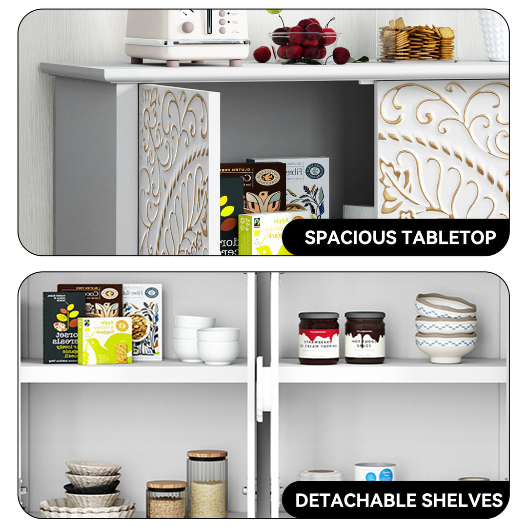 HLR® Hand-Carved Floral Wood Credenza Sideboard – 4-Door Storage & Decorative Organizer for Entryway, Living & Dining