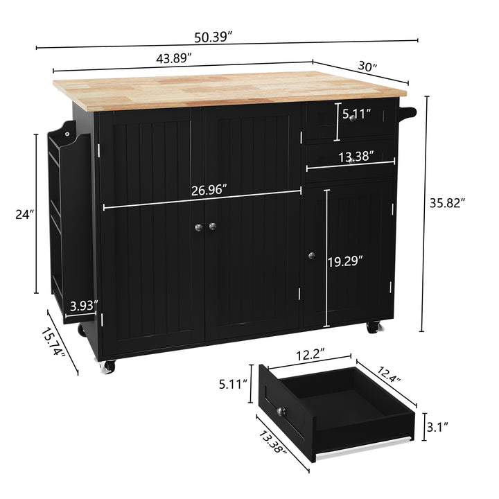 HLR® 50.4" Multifunctional Wooden Kitchen Island – 3 Doors, 2 Drawers, Spice Rack & Storage (Prep & Organization Cart)