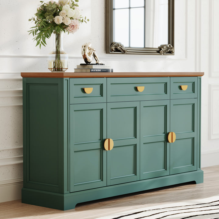HLR® 59" Modern Large Sideboard Buffet Cabinet with 3 Drawers & 4 Doors – Organize Kitchen Clutter & Maximize Space, Green/White