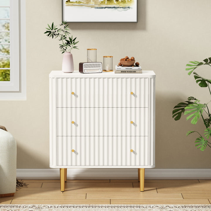 HLR® White Modern Tall Wood Dresser 3-Drawer Storage Cabinet with Fluted Texture – Stylish Organizer for Bedroom, Closet, Living Room & Hallway