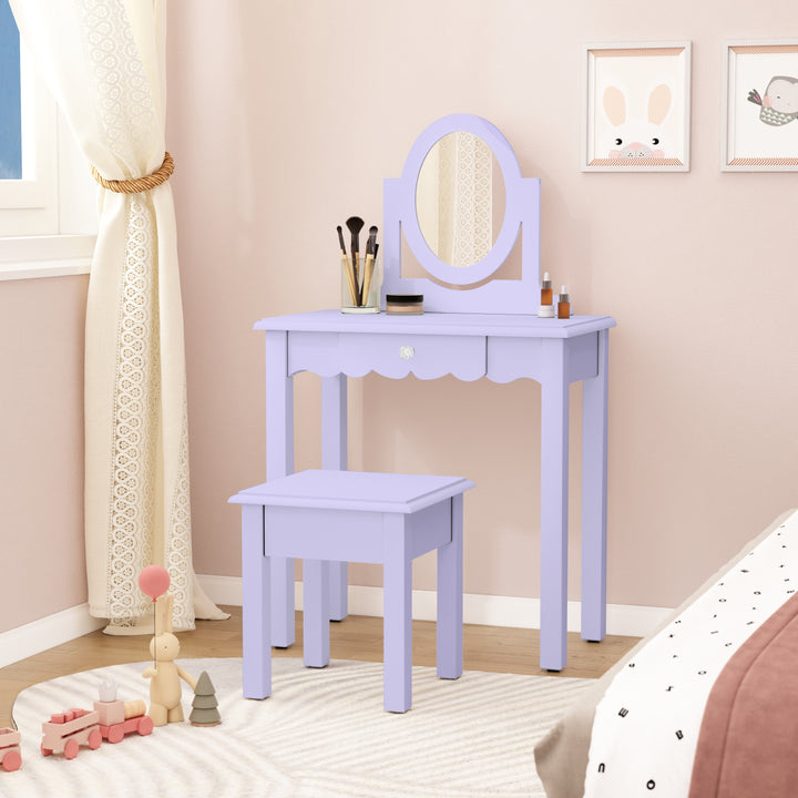 HLR® Princess 2-in-1 Wooden Kids Vanity Set with Detachable Mirror, Drawer & Stool – Pretend Play Makeup Desk for Girls Ages 3+