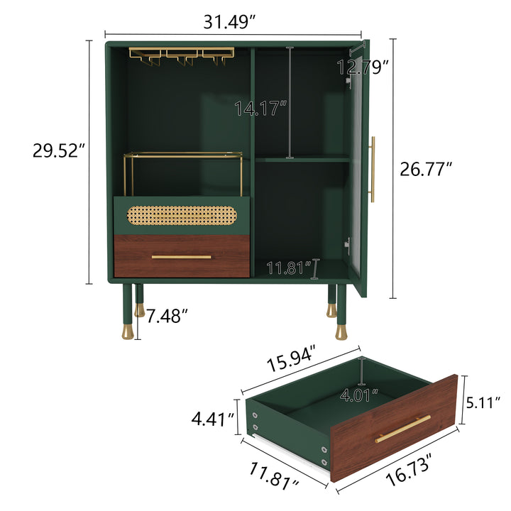 HLR® Modern Green Coffee Bar & Liquor Cabinet – Pull-Out Wine Storage, Wine Glass Rack & Drawers – Versatile Storage for Kitchen, Dining & Living Room