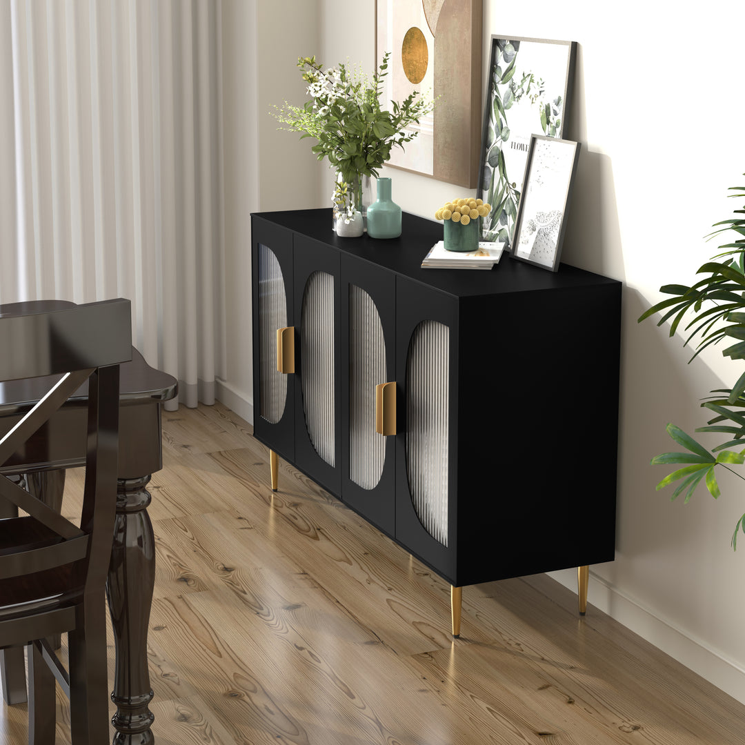 HLR® Wood Accent Sideboard Buffet with 4-Glass Door Storage – Stylish Organizer for Dining, Kitchen, Living Room & Hallway
