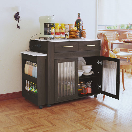 HLR® Extendable Kitchen Island with Marble-Grain Top – Rolling Cart with Power Outlet, Storage Cabinet & 2 Drawers (Prep & Dining Table)