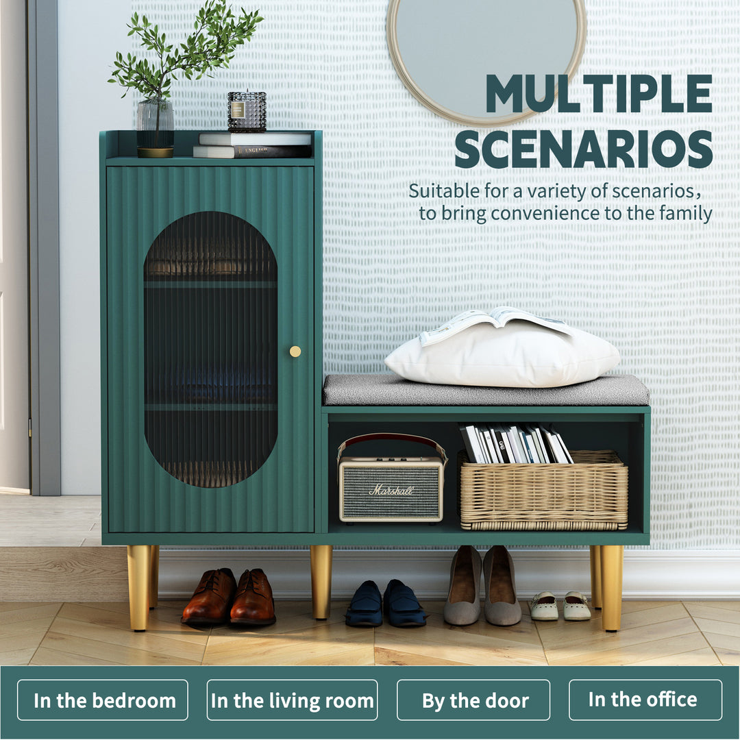 HLR® Modern Shoe Cabinet Bench – Glass Door, Shelf & Padded Seat – Multifunctional Storage for Entryway & Hallway