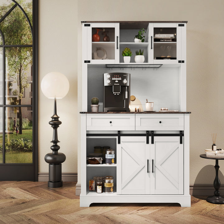 HLR® Wine Bar Buffet Cabinet – Sliding Barn Door, Drawers & Wine/Glass Rack – Stylish Storage for Dining Room