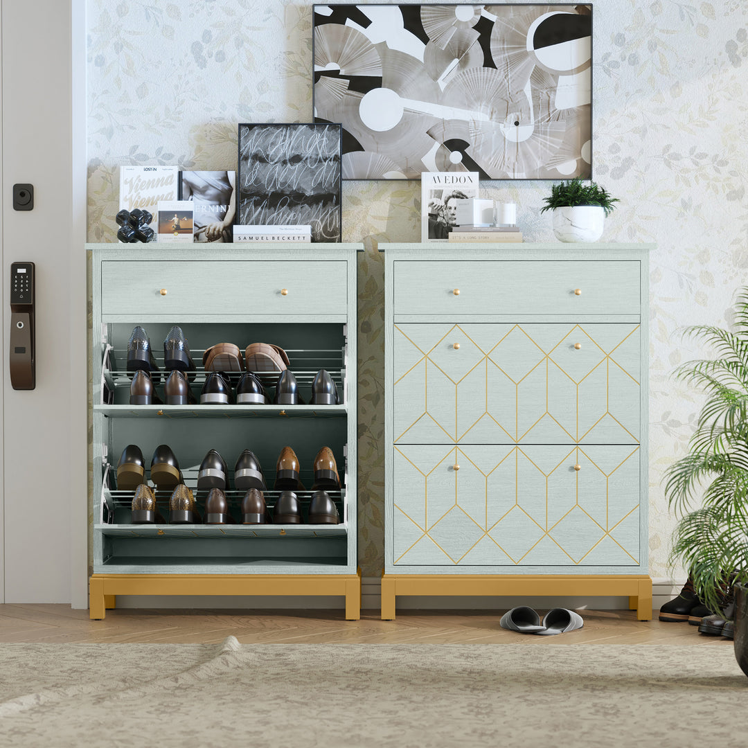 HLR® Space-Saving Hidden Shoe Cabinet – 2 Flip-Doors & 1 Drawer – Compact Storage for Entryway & Front Door