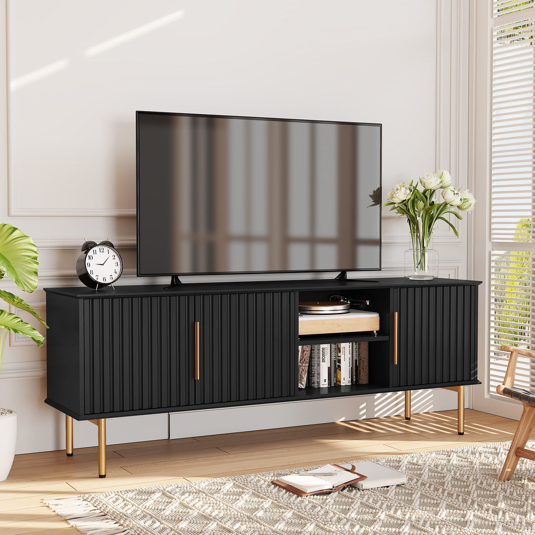 HLR® Mid Century Modern Fluted 66" TV Stand with Storage – Fits TVs up to 75" – Wooden Entertainment Center for Living Room & Family Room