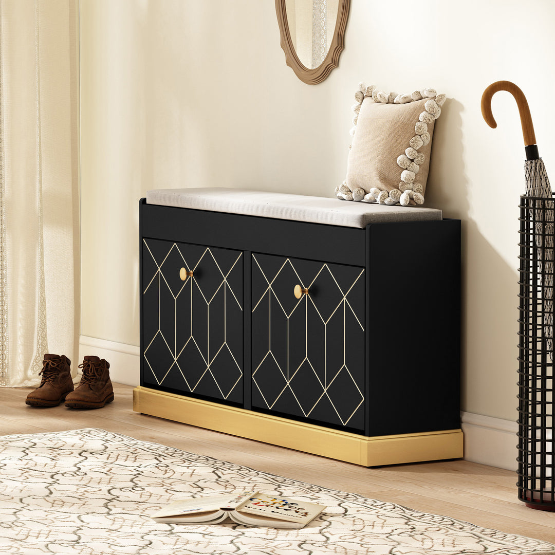 HLR® Modern Entryway Shoe Bench with 2 Flip Drawers & Padded Cushion – Stylish Storage Bench for Hallway, Closet & Living Room