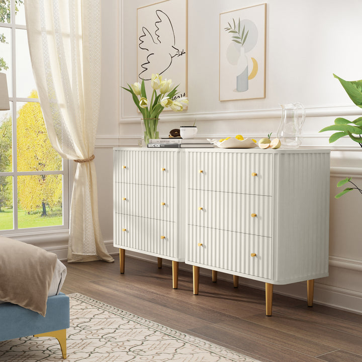 HLR® White Modern Tall Wood Dresser 3-Drawer Storage Cabinet with Fluted Texture – Stylish Organizer for Bedroom, Closet, Living Room & Hallway