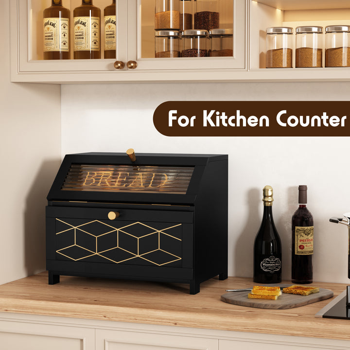 HLR® Double Layer Wooden Bread Box with Golden Trim – Space-Saving Corner Design – Countertop Kitchen Storage