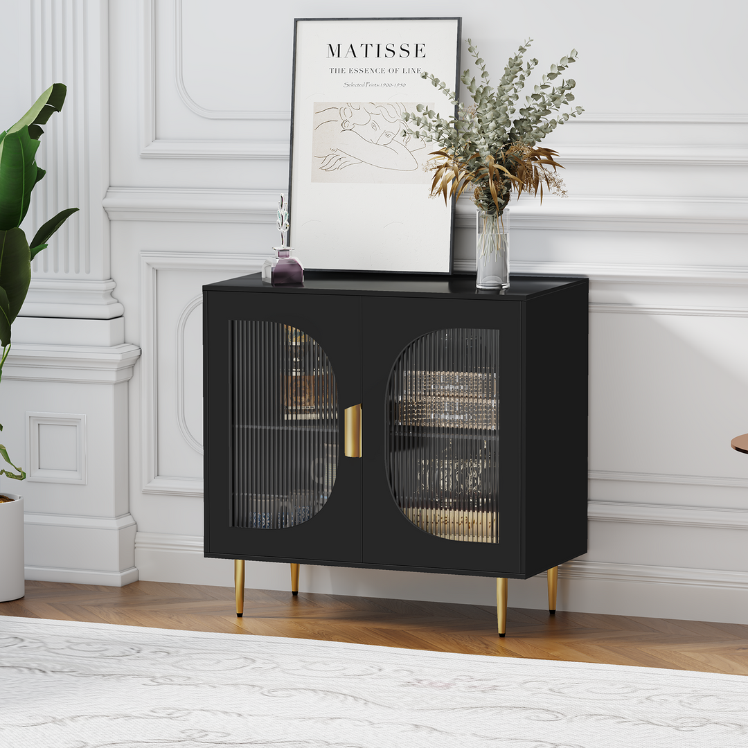 HLR® Modern Wood Credenza Sideboard – 2-Glass Door Storage – Stylish Organizer for Kitchen, Dining & Living Room