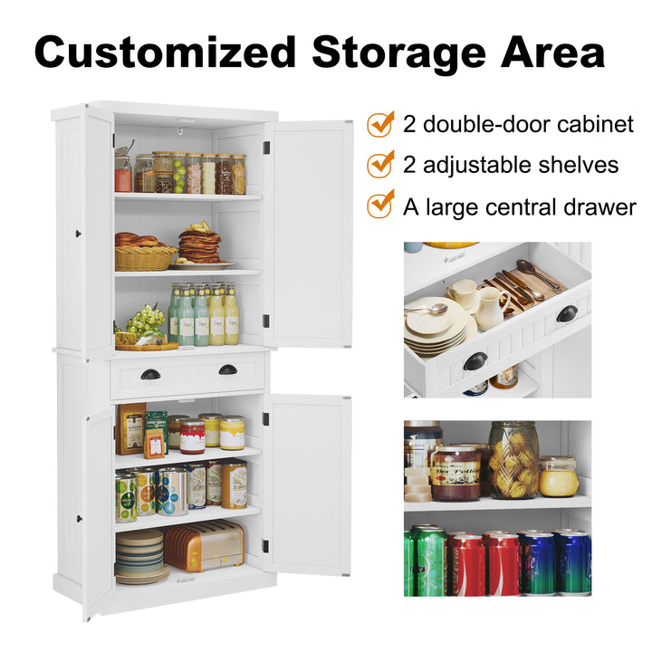 HLR® Classic White Freestanding Pantry Cabinet with Adjustable Shelves & Drawer – Versatile Storage for Kitchen, Bathroom & Hallway
