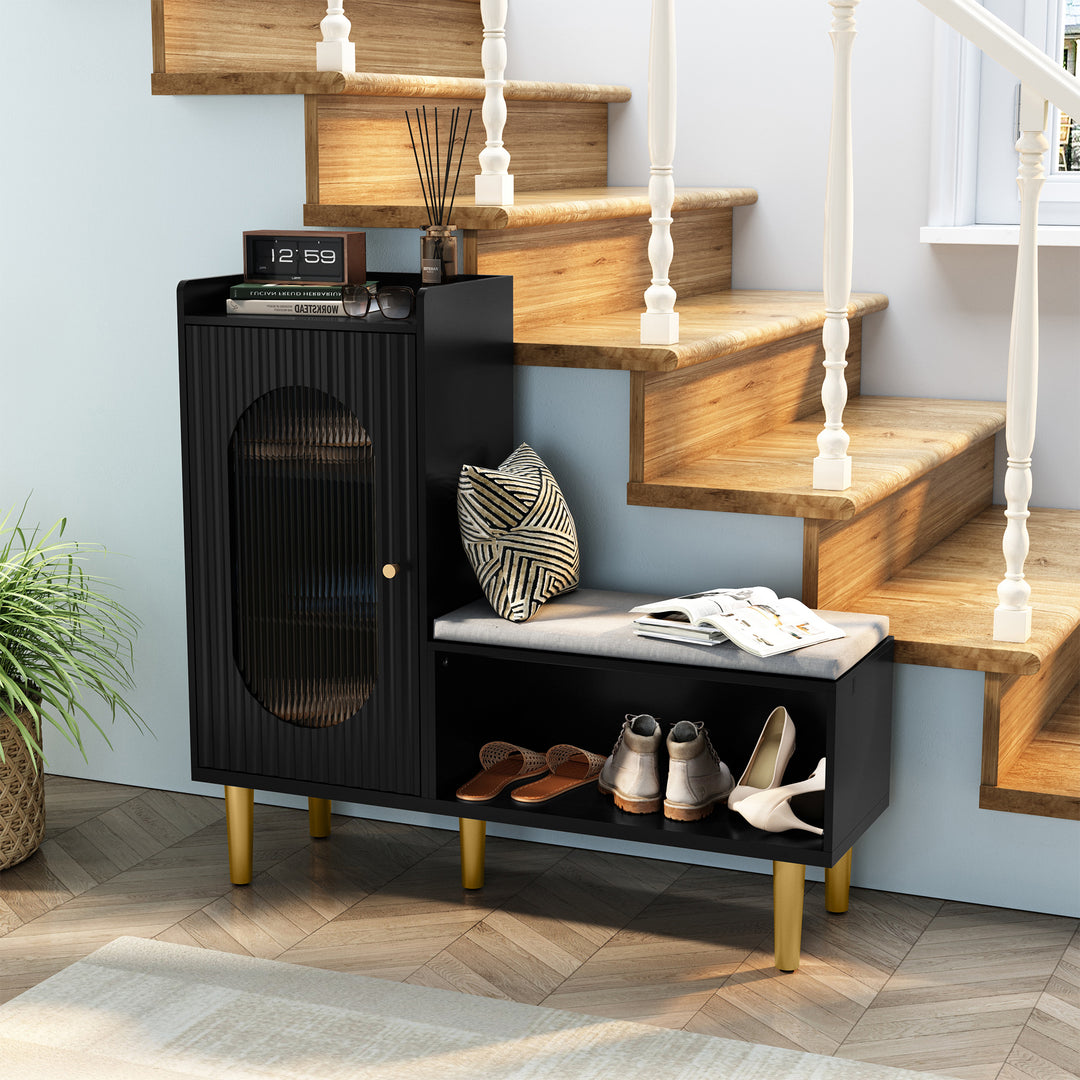 HLR® Modern Shoe Cabinet Bench – Glass Door, Shelf & Padded Seat – Multifunctional Storage for Entryway & Hallway