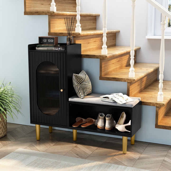 HLR® Modern Shoe Cabinet Bench – Glass Door, Shelf & Padded Seat – Multifunctional Storage for Entryway & Hallway
