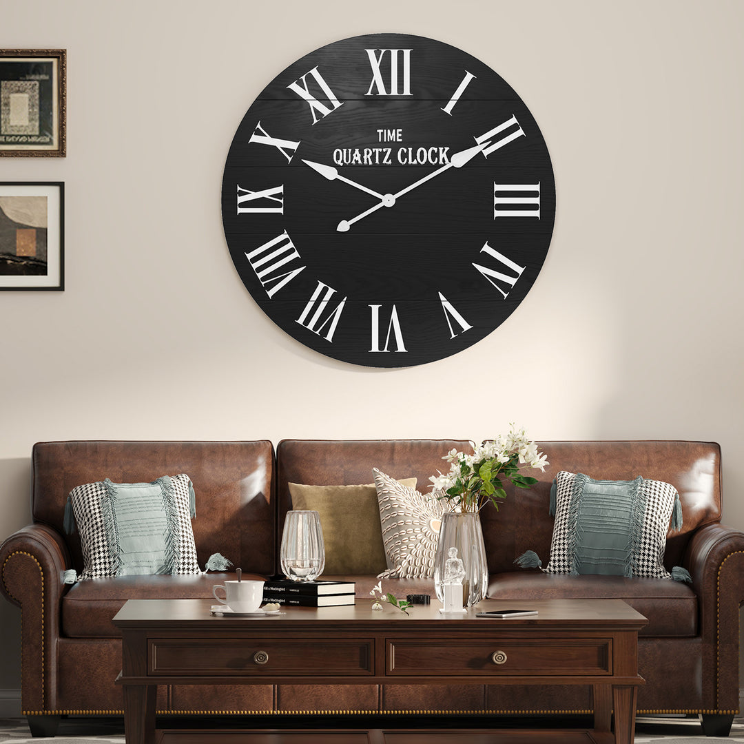 HLR® 35.5" Oversized Farmhouse Shiplap Wall Clock – Roman Numerals, Quiet Non-Ticking Decor for Living Room, Bedroom & More