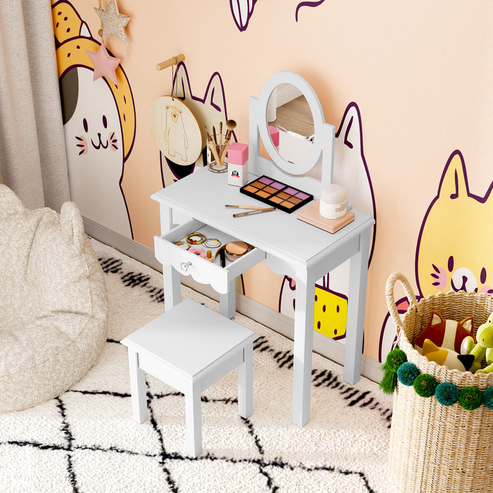 HLR® Princess 2-in-1 Wooden Kids Vanity Set with Detachable Mirror, Drawer & Stool – Pretend Play Makeup Desk for Girls Ages 3+