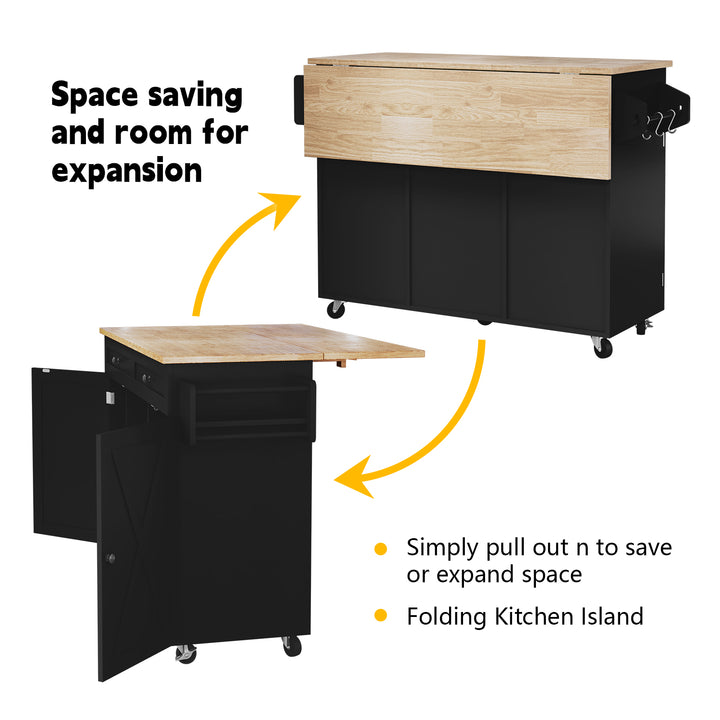 HLR® Rolling Kitchen Island with Drop-Leaf Countertop & Barn Door Design – Mobile Cart with Storage Cabinet & Tower Rack for Kitchen