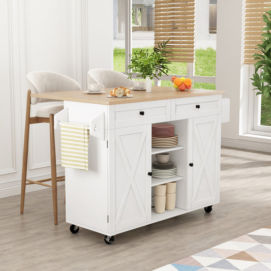 HLR® Rolling Kitchen Island with Drop-Leaf Countertop & Barn Door Design – Mobile Cart with Storage Cabinet & Tower Rack for Kitchen