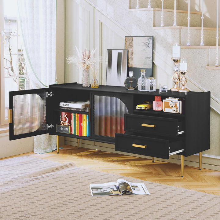 HLR® Modern Wood TV Stand – Glass Door & Drawers – Stylish Storage for Living Room
