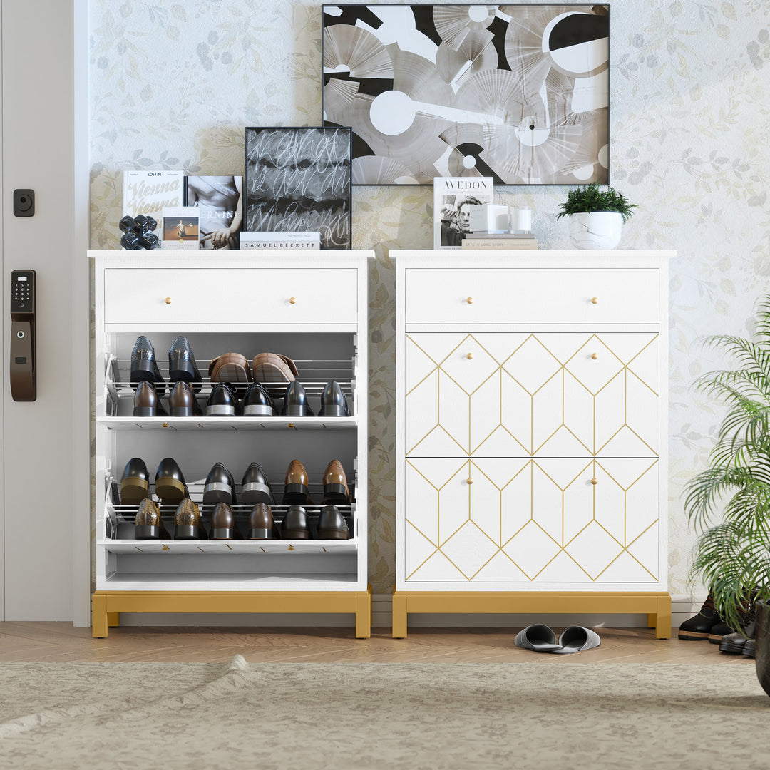 HLR® Space-Saving Hidden Shoe Cabinet – 2 Flip-Doors & 1 Drawer – Compact Storage for Entryway & Front Door