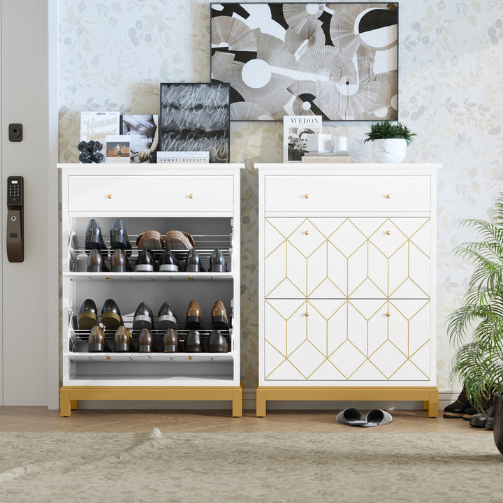 HLR® Space-Saving Hidden Shoe Cabinet – 2 Flip-Doors & 1 Drawer – Compact Storage for Entryway & Front Door