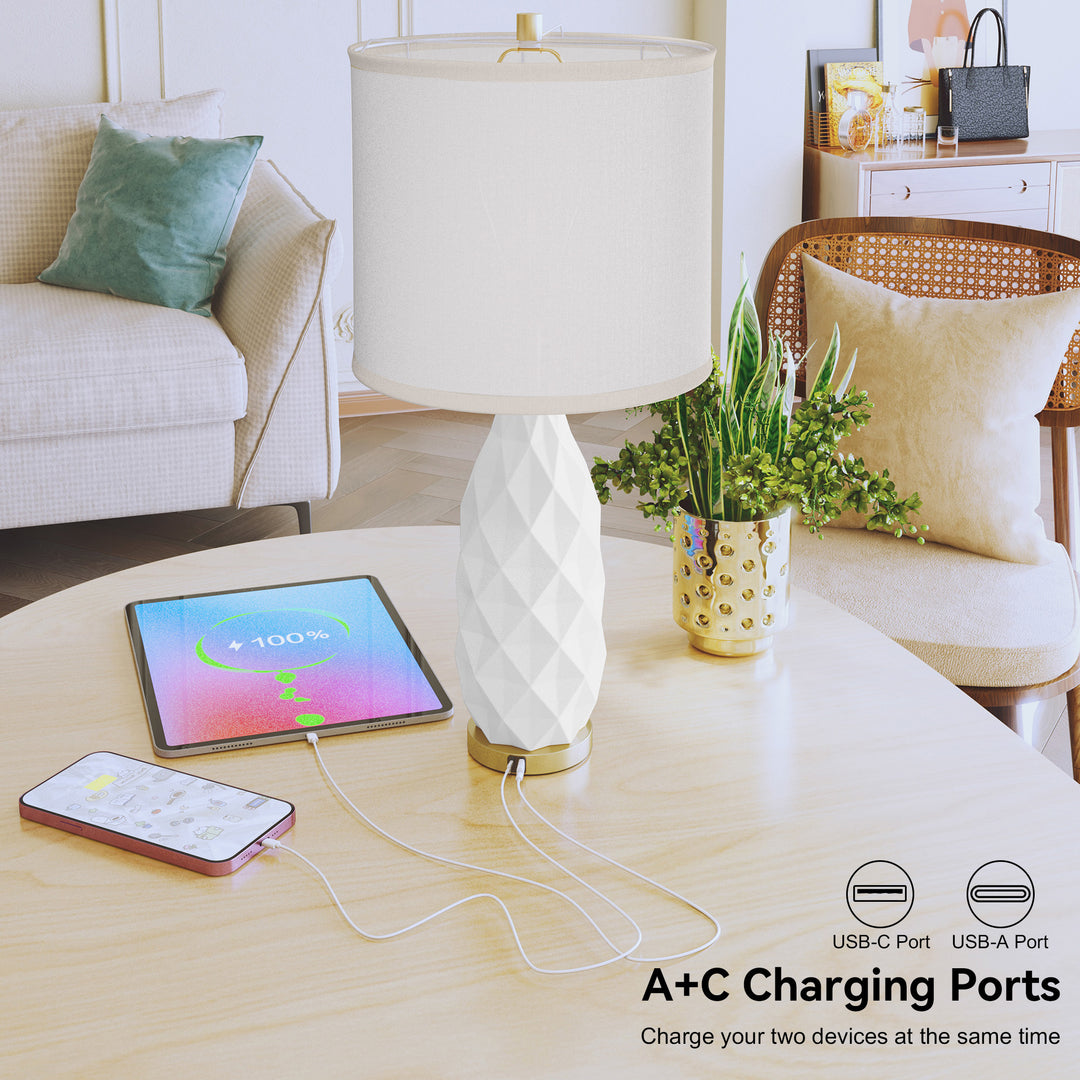 HLR® Set of 2 Modern 3-Way Dimmable Table Lamps with LED Bulbs Included and USB Charging Port for Bedside and Living Room Use