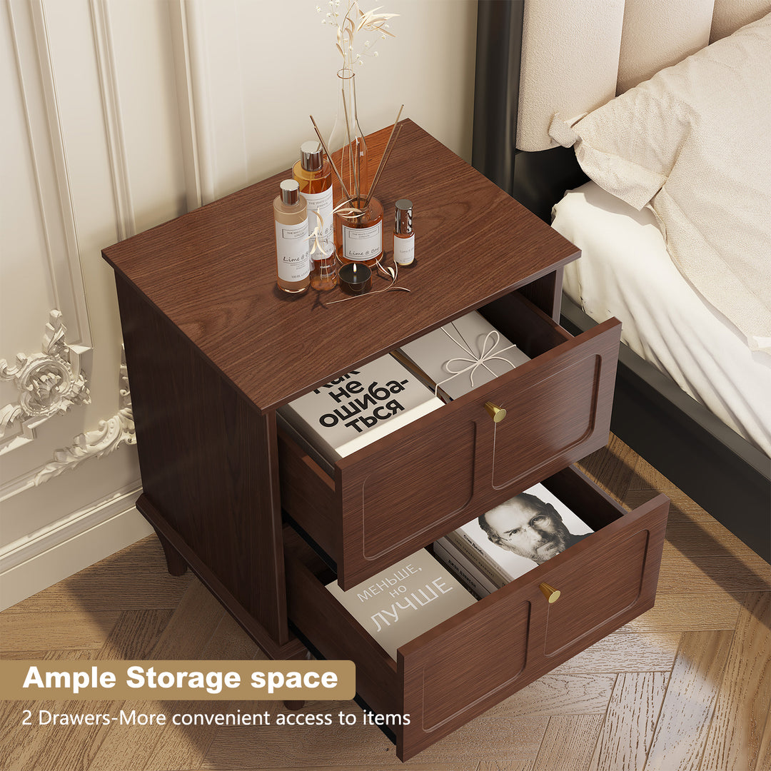 HLR® Mid-Century Modern Brown Nightstand – 2-Drawer Solid Wood End Table with Storage for Bedroom (Tapered Legs)
