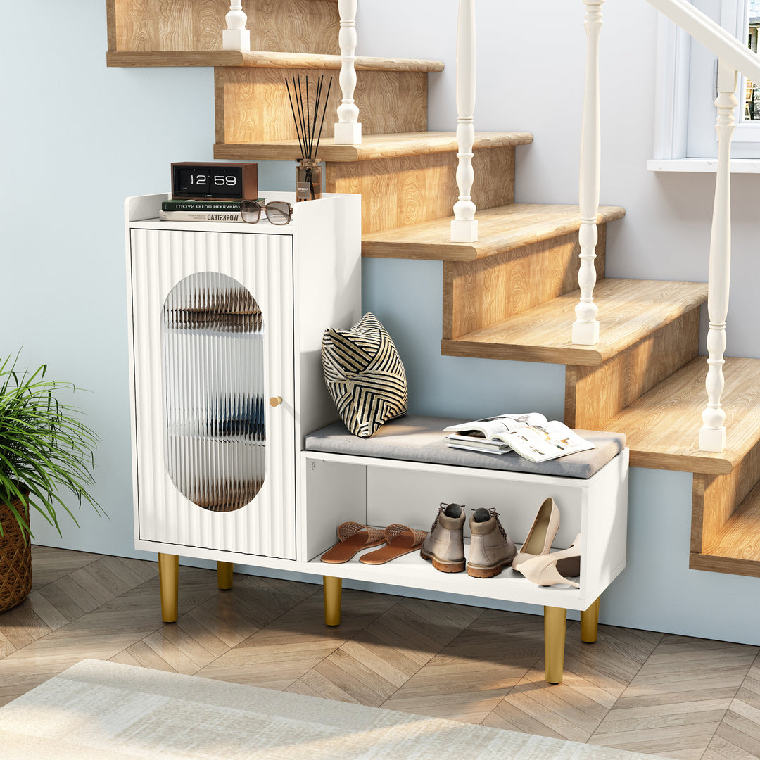 HLR® Modern Shoe Cabinet Bench – Glass Door, Shelf & Padded Seat – Multifunctional Storage for Entryway & Hallway