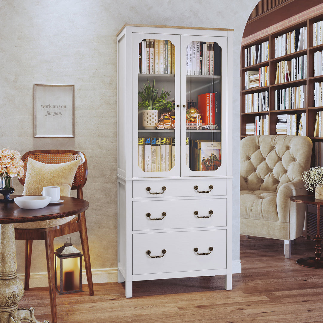 HLR® White Freestanding Tall Pantry Cabinet – Tempered Glass Doors & Adjustable Shelves – Storage for Kitchen & Dining Rooms