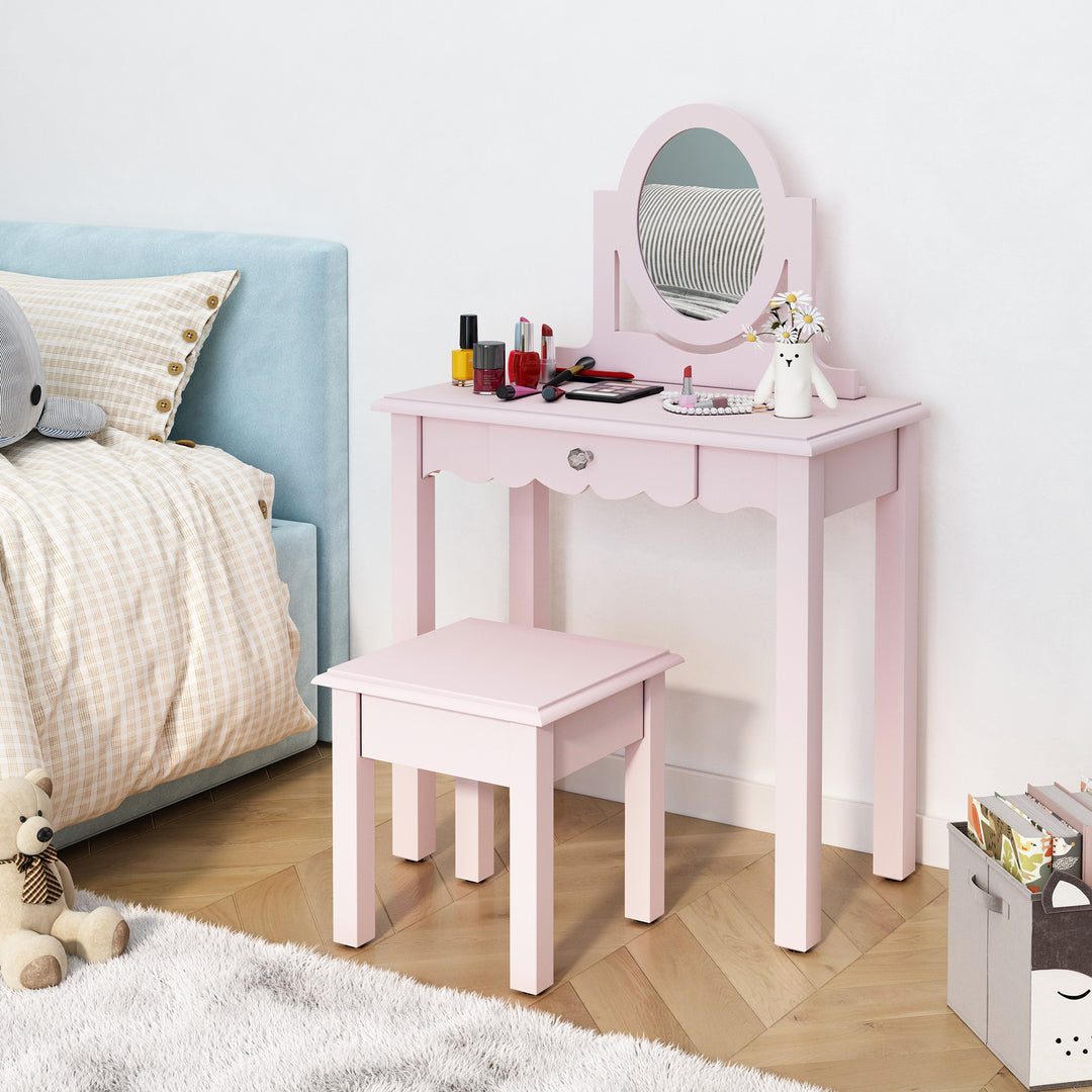 HLR® Princess 2-in-1 Wooden Kids Vanity Set with Detachable Mirror, Drawer & Stool – Pretend Play Makeup Desk for Girls Ages 3+