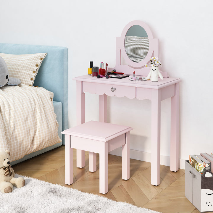 HLR® Princess 2-in-1 Wooden Kids Vanity Set with Detachable Mirror, Drawer & Stool – Pretend Play Makeup Desk for Girls Ages 3+