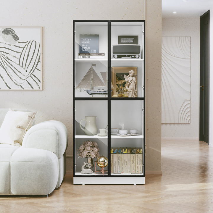 HLR® Modern Tall Glass-Door Curio Display Cabinet – 4-Tier Shelving for Collectibles – Stylish Showcase for Living Room & Home Office