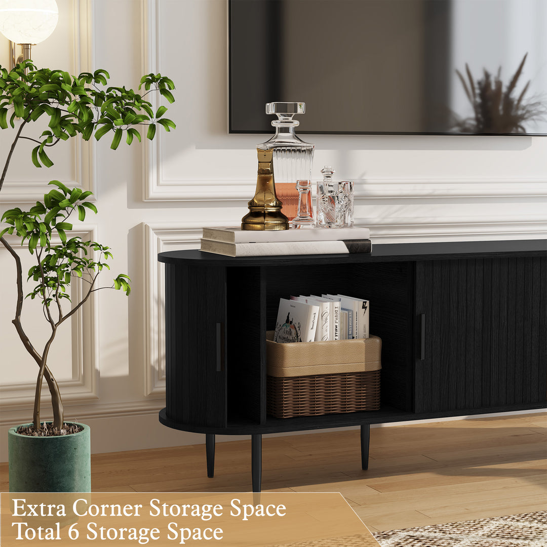 HLR® 70" Mid Century TV Stand With Tambour Door For TVs Up To 80", Brown/Black
