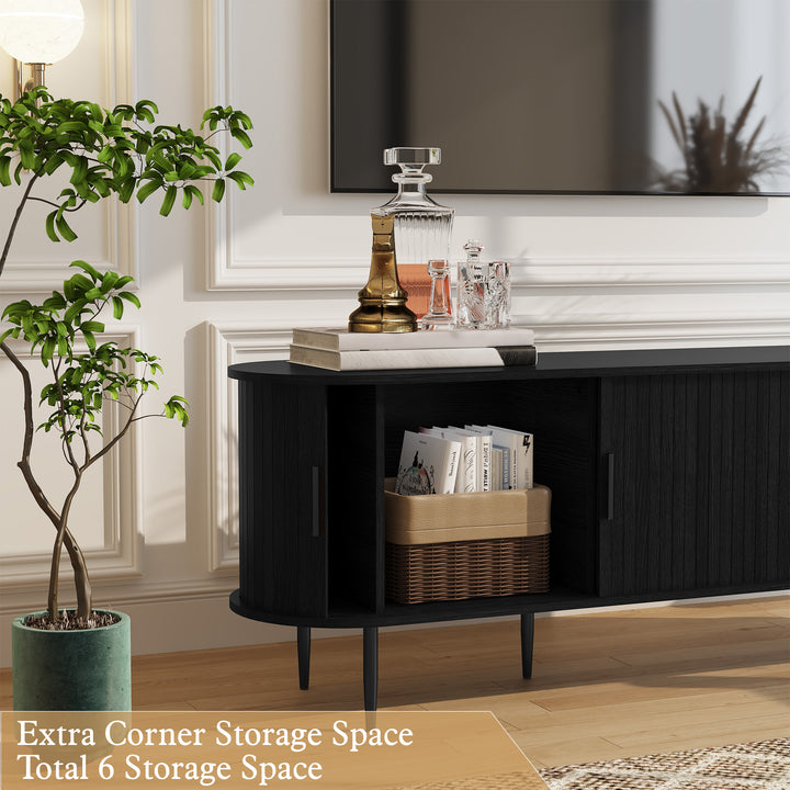 HLR® 70" Mid Century TV Stand With Tambour Door For TVs Up To 80", Brown/Black