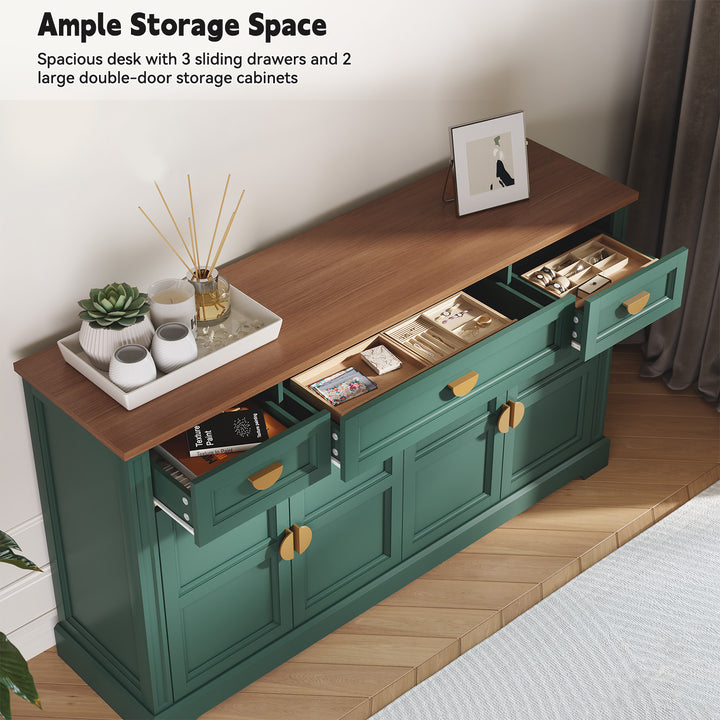 HLR® 59" Modern Large Sideboard Buffet Cabinet with 3 Drawers & 4 Doors – Organize Kitchen Clutter & Maximize Space, Green/White